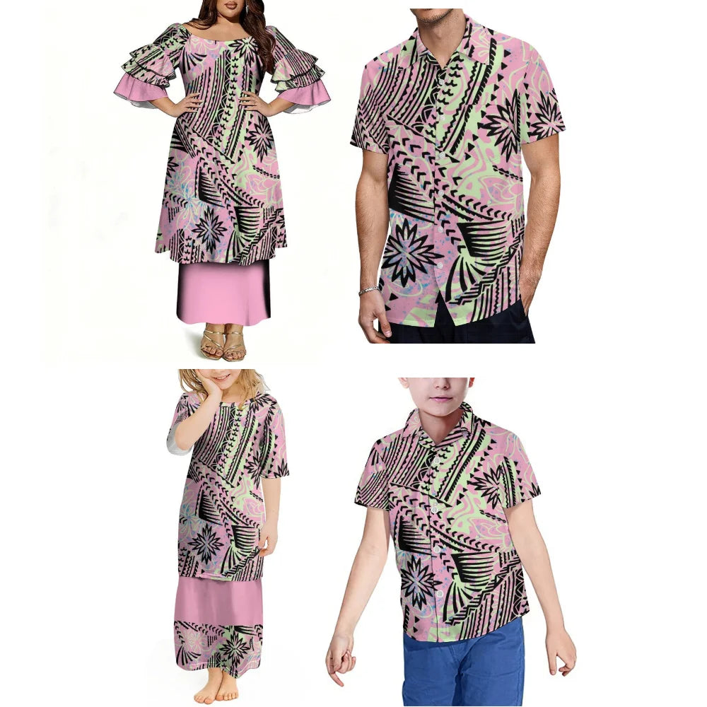 Summer Pacific Island Samoa Family Set Women'S Puletasi Dress Men'S Hawaiian Shirt Festival Party Floral Printed Clothing
