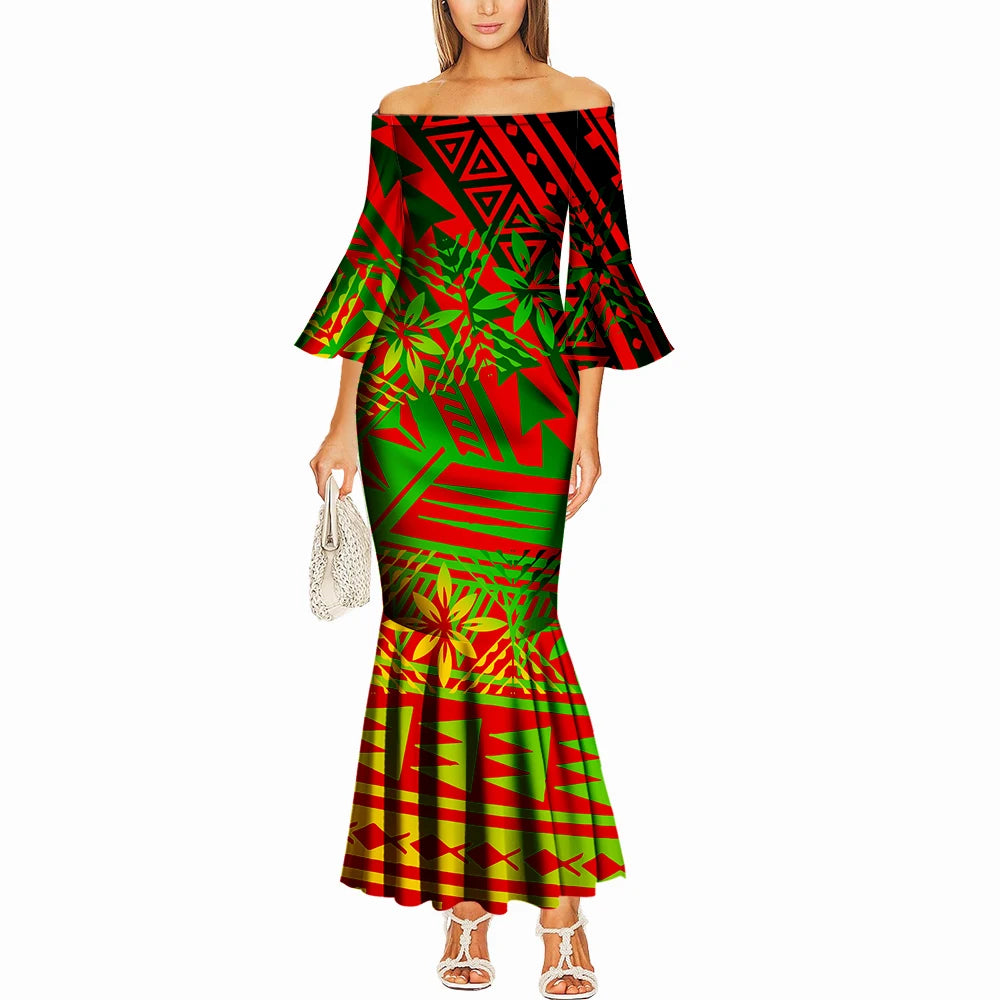 Summer One-Shoulder Puletasi Dress Custom-Made Samoan Islands Print Polynesian Tribal Women'S Tight Fishtail Dress