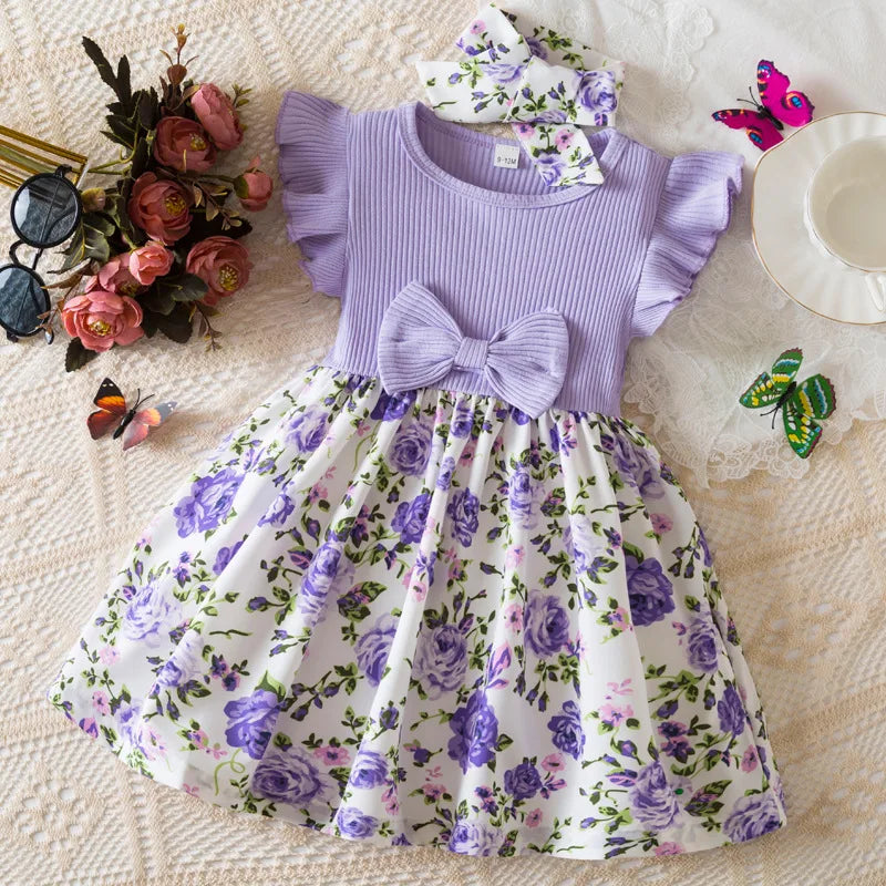 Summer Floral Print Dress for Baby Girls with Flutter Sleeves Elegant round Neck European American Style Party Gown