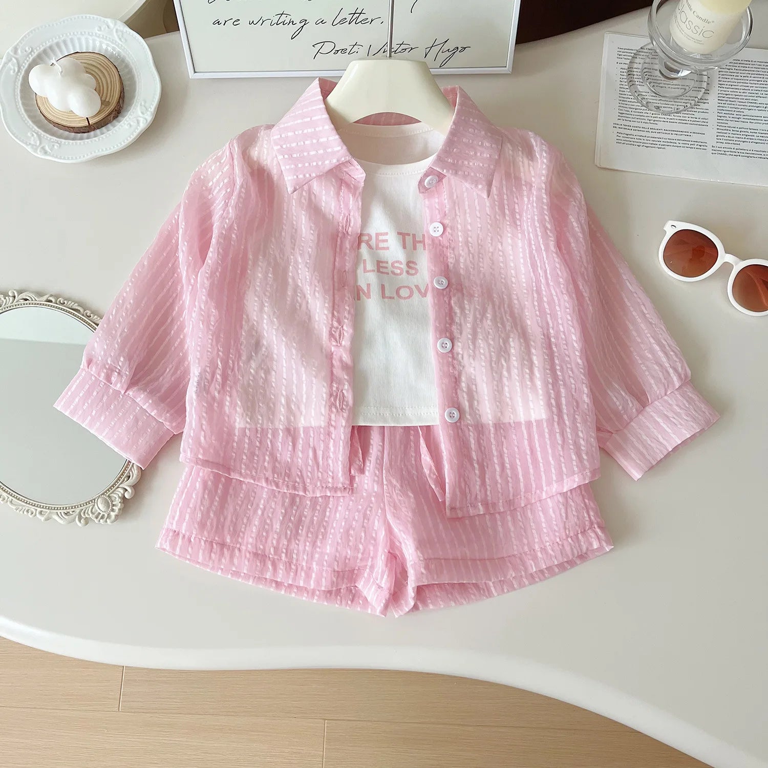 3Piece Summer Toddler Girl Clothes Korean Fashion Stripe Letter Long Sleeve Tops+Vest+Shorts Kids Clothing Children's Sets B068