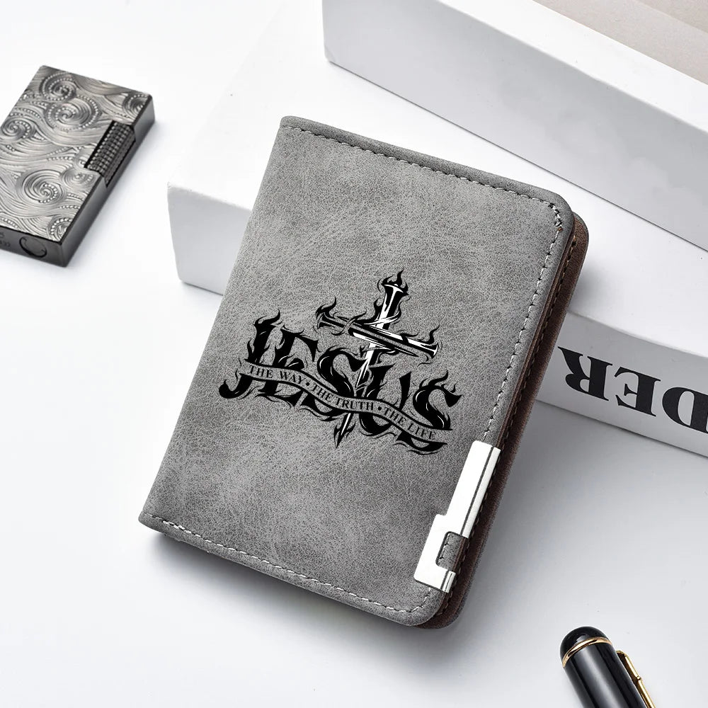 Men's Mini Ultra-Thin Short Wallet Jesus Cross Print Suede PU Leather Credit Card Holder Portable Bifold Christian Purse