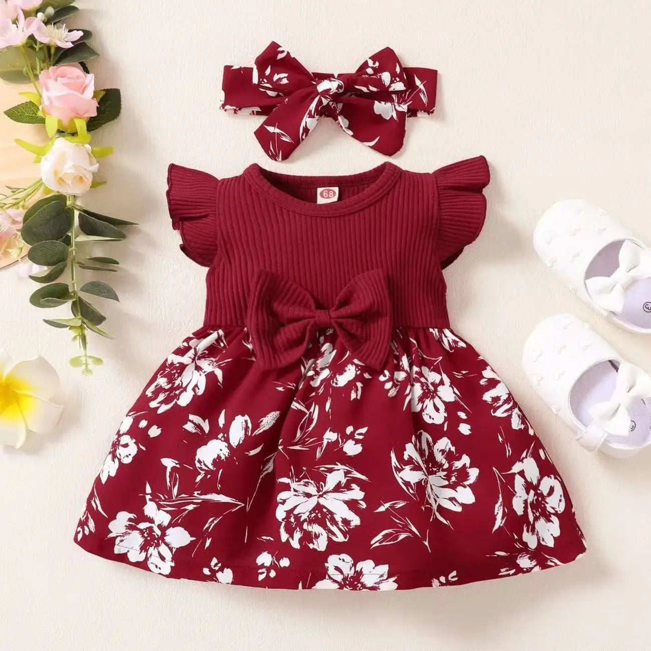 2026 Fashion Baby Girl Summer solid color breathable, wear-resistant and washable knitted top with flower print pattern dress