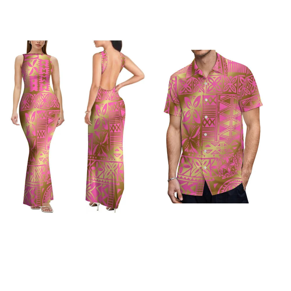 Polynesian Custom-Made Women'S Dress With Floral Design Backless Sleeveless Long Sexy And Slimming Couple Outfits Men'S Shirt