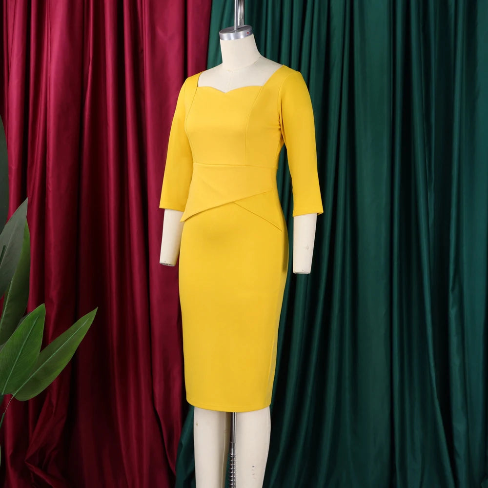 Church Dresses for Women 2025 Elegant Ladies Office Wear Casual Dress Long Sleeve Knee Length Solid Bodycon Peplum Pencil Dress