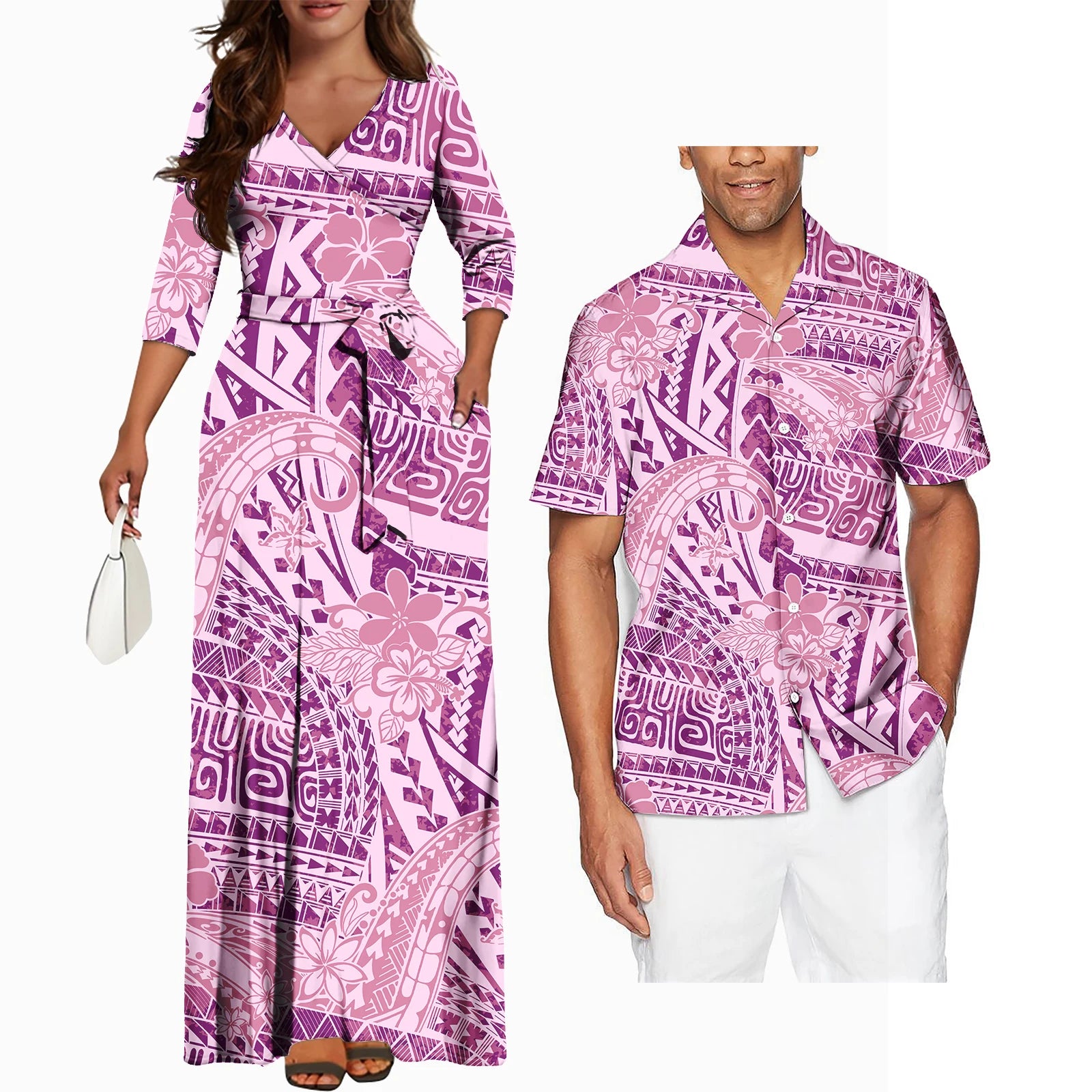 Matching Couples Clothes Pacific Islands Style New Arrivals V Neck Long Sleeve Women Dress Hawaii Island Polynesian Style