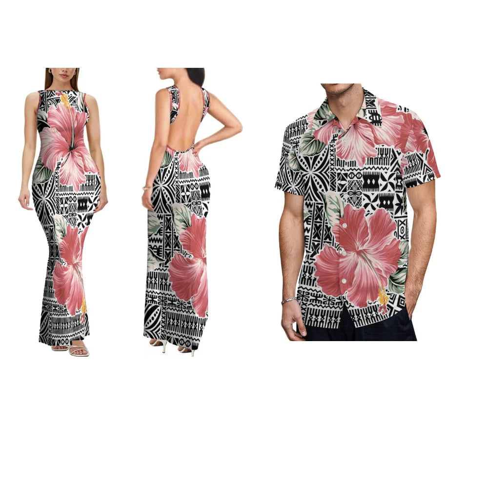 Polynesian Custom-Made Women'S Dress With Floral Design Backless Sleeveless Long Sexy And Slimming Couple Outfits Men'S Shirt