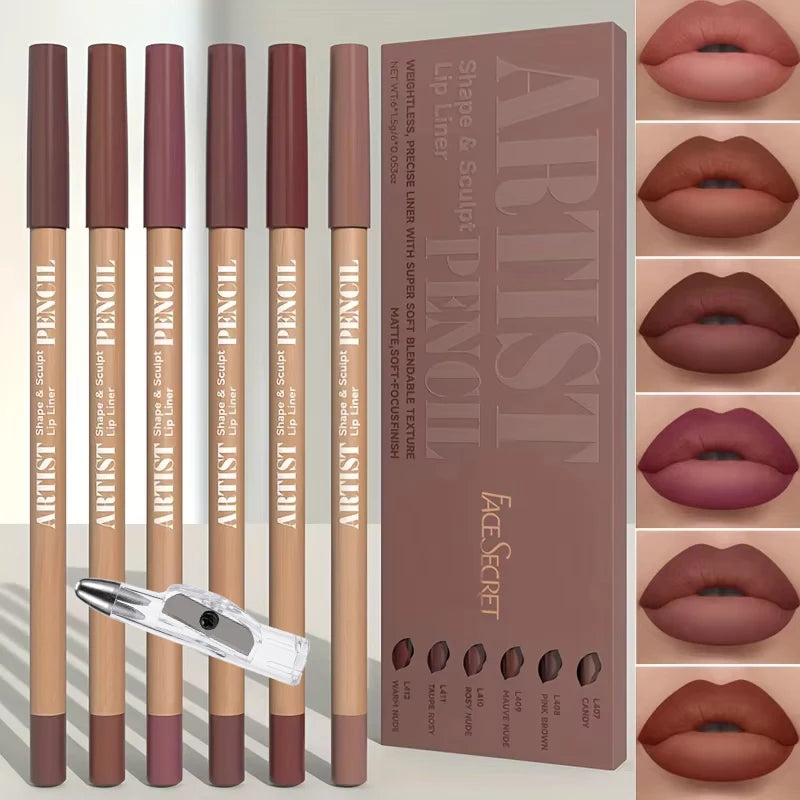7PCS/SET Lip Makeup Set: 6 Matte Lip Liners + 1 Pencil Sharpener. Long-Lasting Matte Lip Liners with a Waterproof Formula