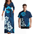 Fashion Couple Outfits Hawaiian Men Pocket Shirts Samoan Women V-Neck Flowers Laceup Long Dress Polynesian Couple of Set Custom