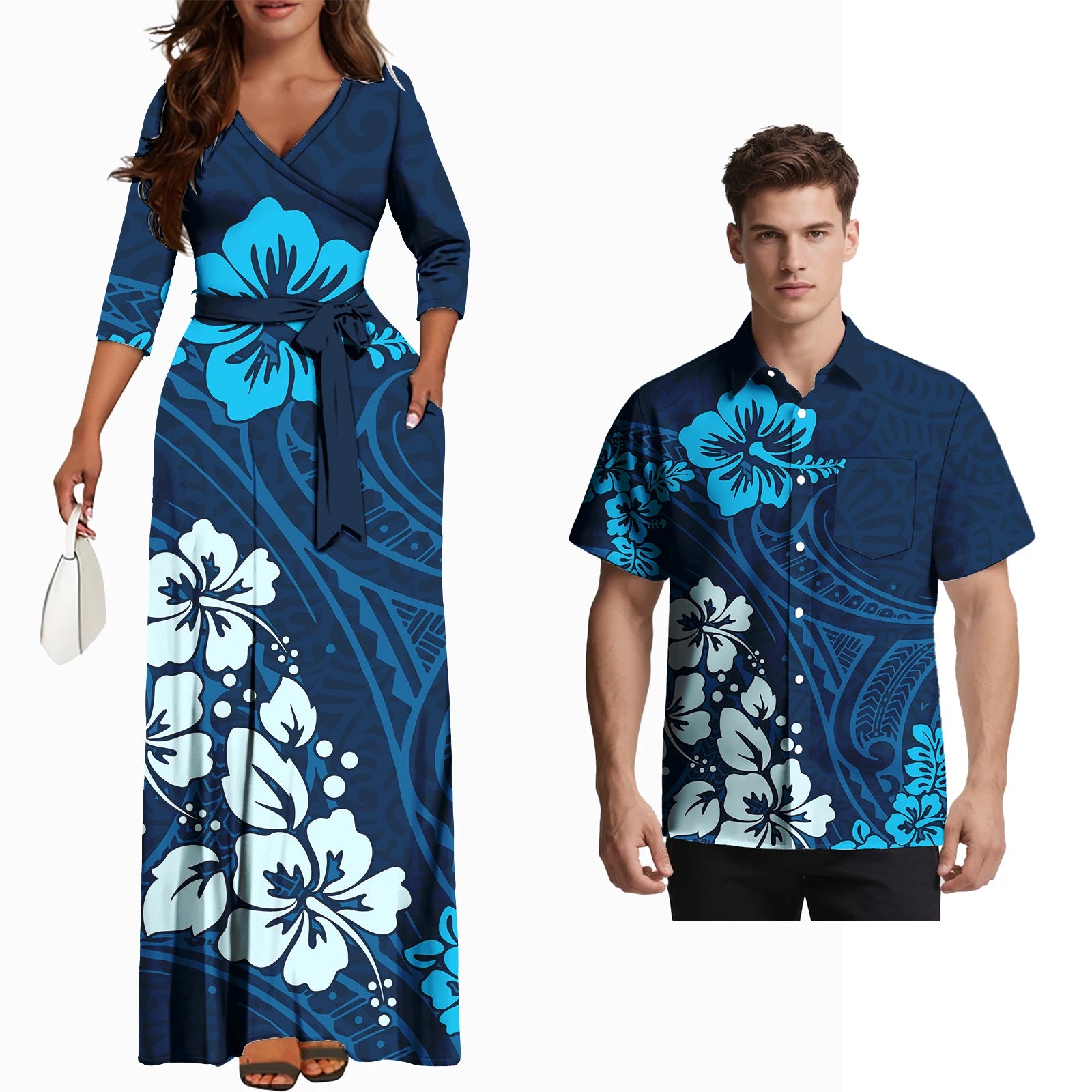 Fashion Couple Outfits Hawaiian Men Pocket Shirts Samoan Women V-Neck Flowers Laceup Long Dress Polynesian Couple of Set Custom
