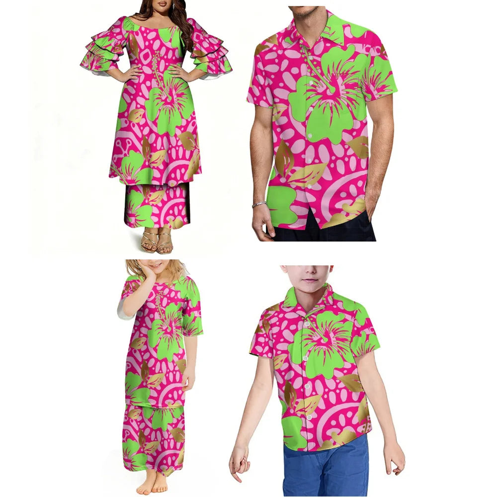 Pacific Island Samoa Family Set Comfortable Women'S Puletasi Dress Men'S Hawaiian Shirt Festive Party Floral Printed Clothing