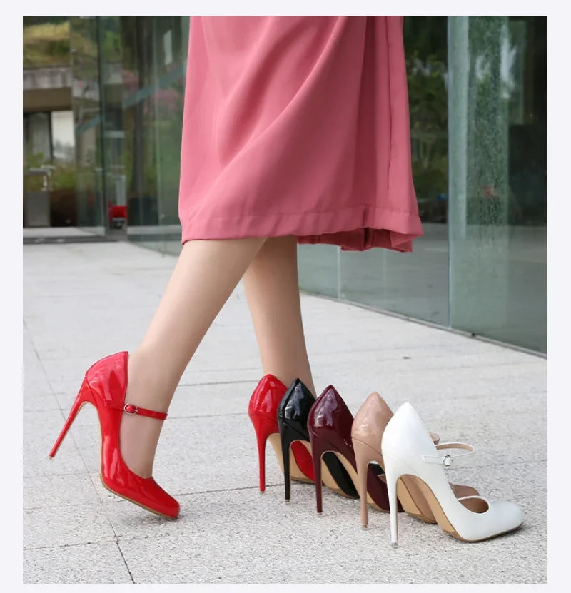 Round Toe Stiletto Shoes For Women Black Mary Jane Shoes12CM Thin High Heels Spring Autumn Buckle Strap Fashion Sexy Pumps