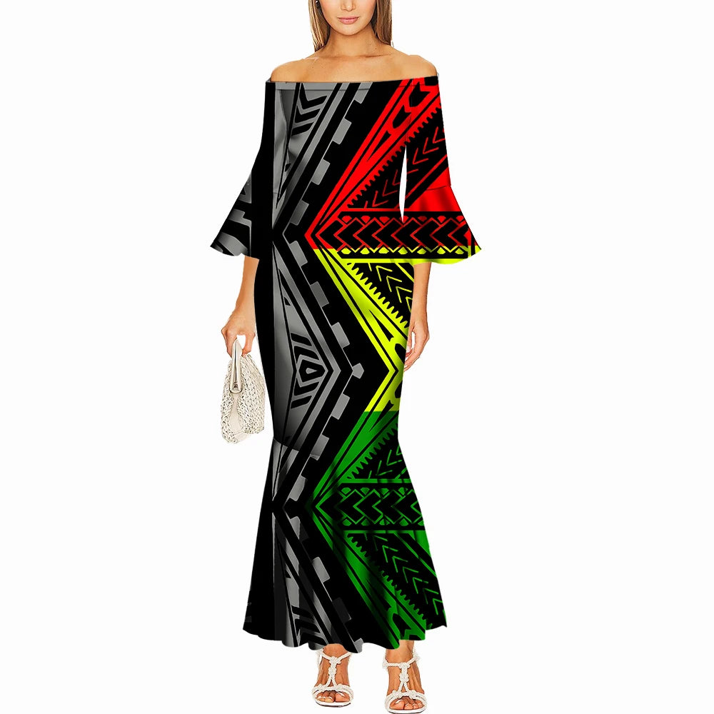 Summer One-Shoulder Puletasi Dress Custom-Made Samoan Islands Print Polynesian Tribal Women'S Tight Fishtail Dress