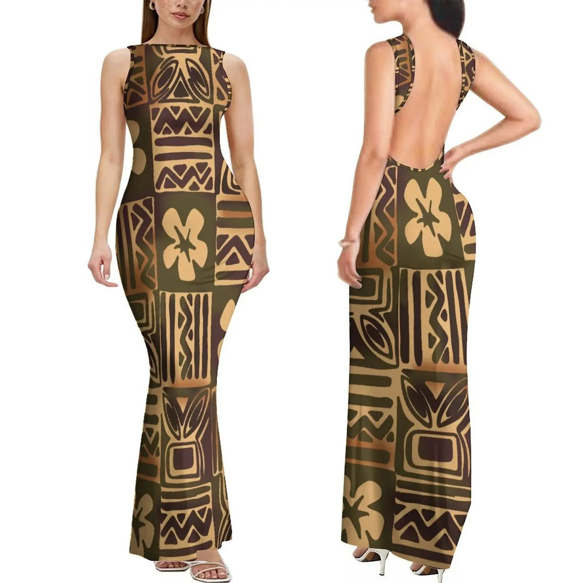 Summer Mature And Elegant Sleeveless Long Slimming And Sexy Backless Women'S Dress With Polynesian Custom Pattern