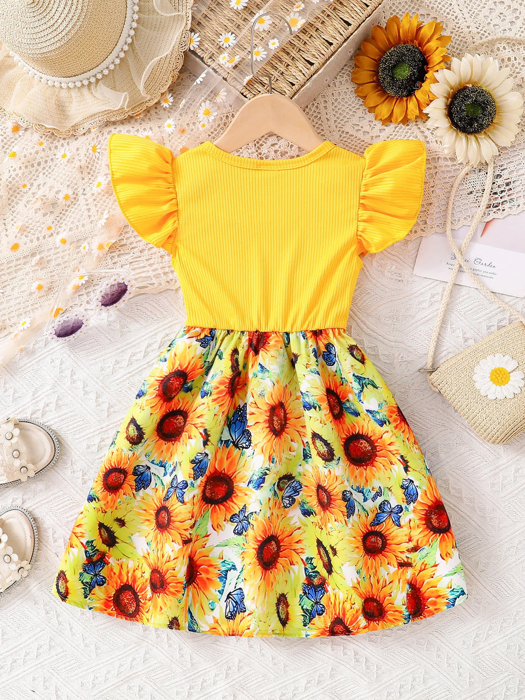 Yellow Sunflower Lively and Cute Little Girl Casual Dress Summer Thin Style, Toddler Girl Flutter Sleeve Round Neck Bow Tie Waist Dress Summer Breathable Children's Outing Holiday Party Gift Vacation Fashion Sweet Lady Style