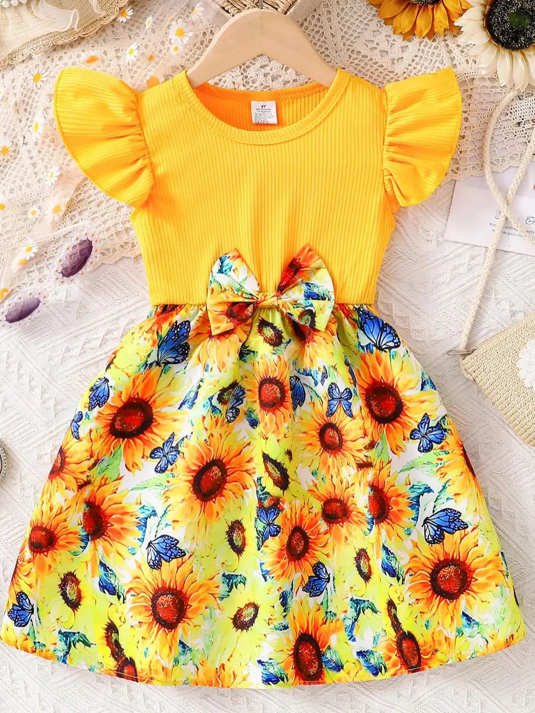 Yellow Sunflower Lively and Cute Little Girl Casual Dress Summer Thin Style, Toddler Girl Flutter Sleeve Round Neck Bow Tie Waist Dress Summer Breathable Children's Outing Holiday Party Gift Vacation Fashion Sweet Lady Style