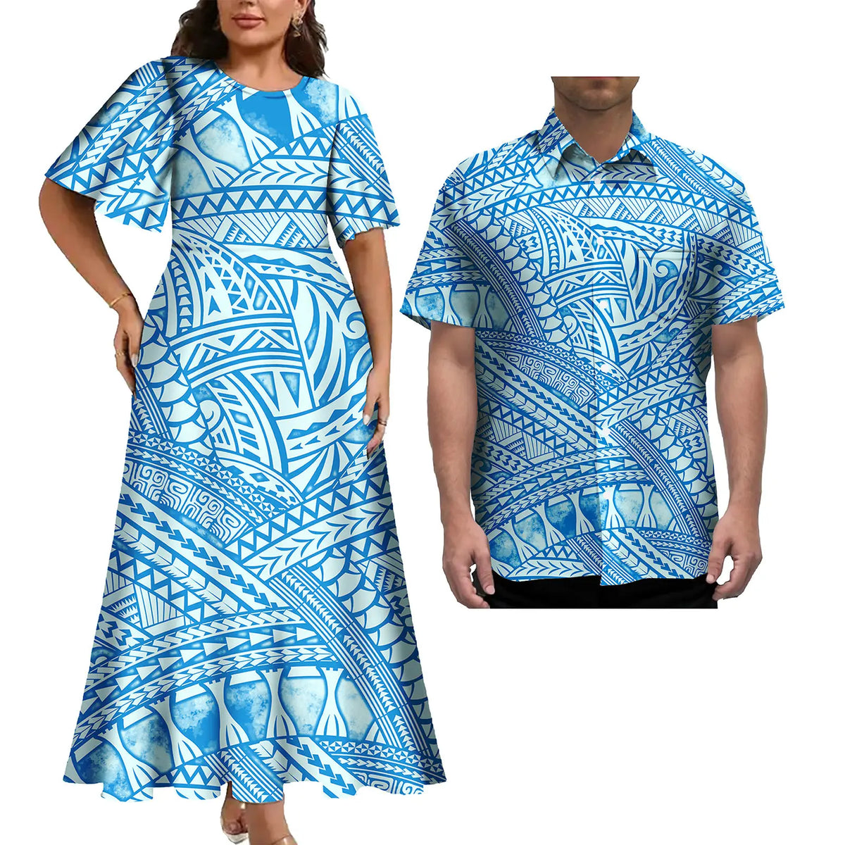 Print Couples Matching Puletasi Dress and Hawaiian Shirt Polynesian Traditional Pattern Aloha Shirt Two-piece Dress Outfit