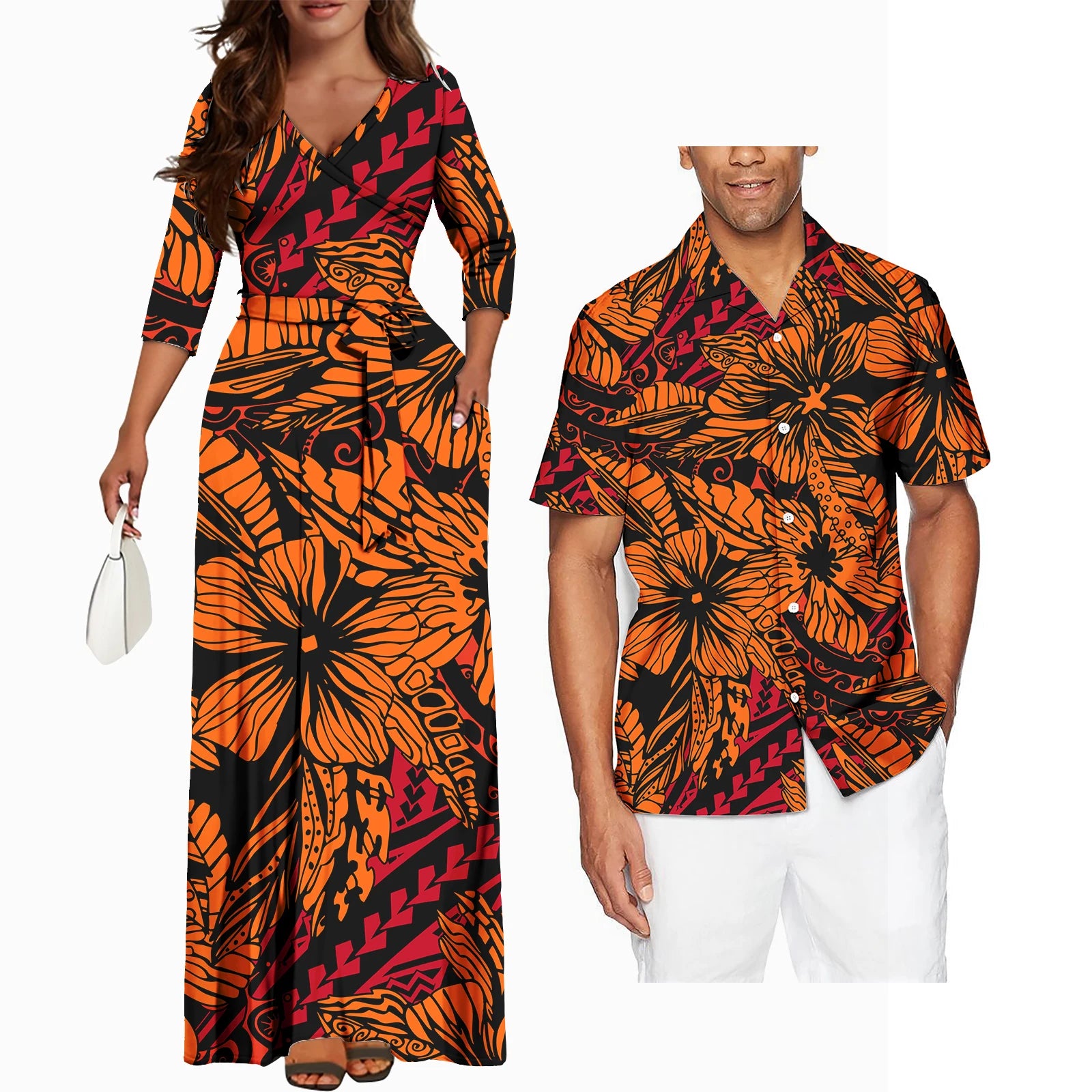 Matching Couples Clothes Pacific Islands Style New Arrivals V Neck Long Sleeve Women Dress Hawaii Island Polynesian Style