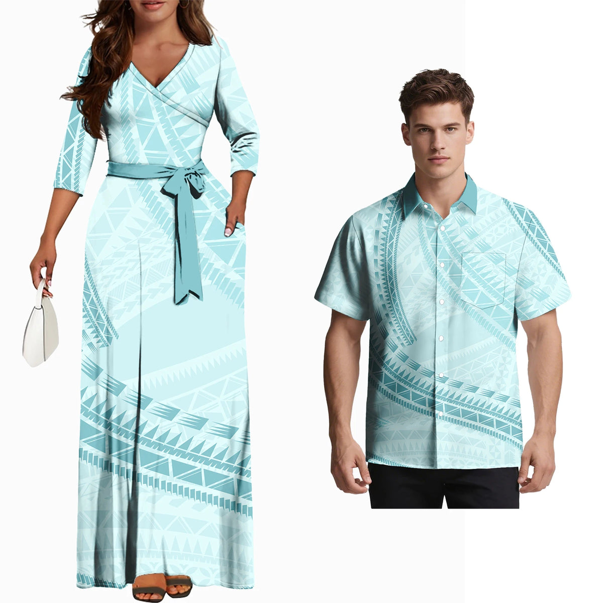 Fashion Couple Outfits Hawaiian Men Pocket Shirts Samoan Women V-Neck Flowers Laceup Long Dress Polynesian Couple of Set Custom