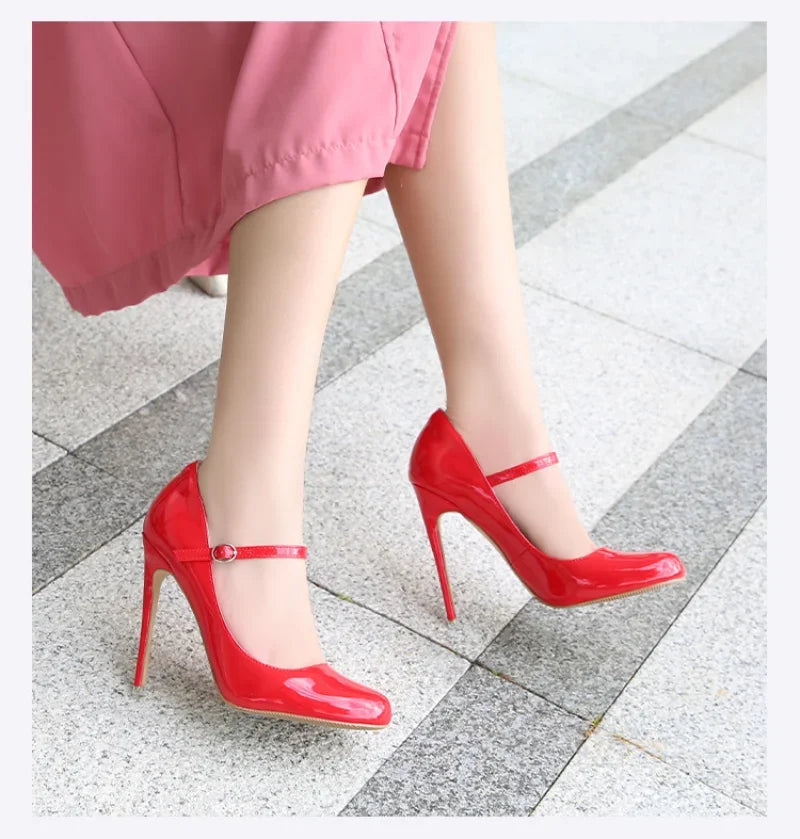 Round Toe Stiletto Shoes For Women Black Mary Jane Shoes12CM Thin High Heels Spring Autumn Buckle Strap Fashion Sexy Pumps