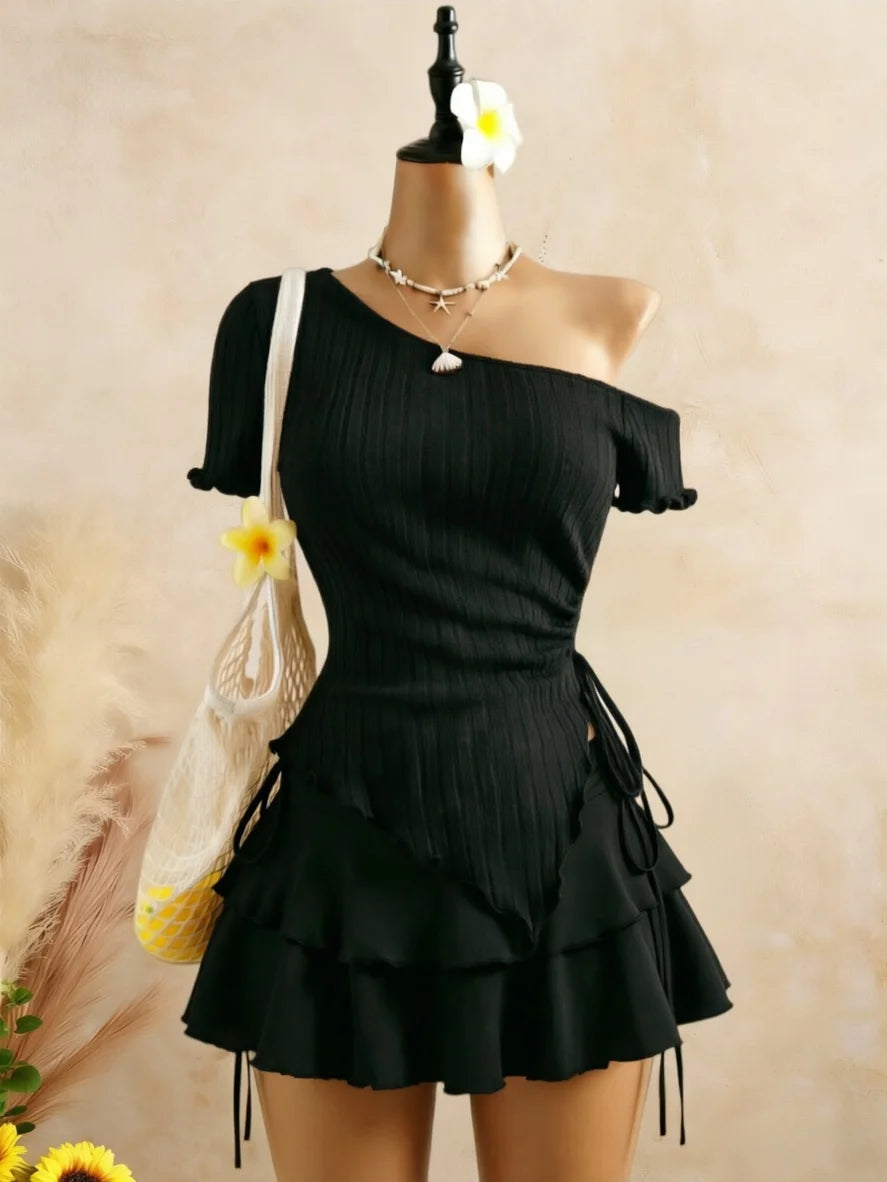 Ribbed Cami & Ruffle Mini Skirt Set