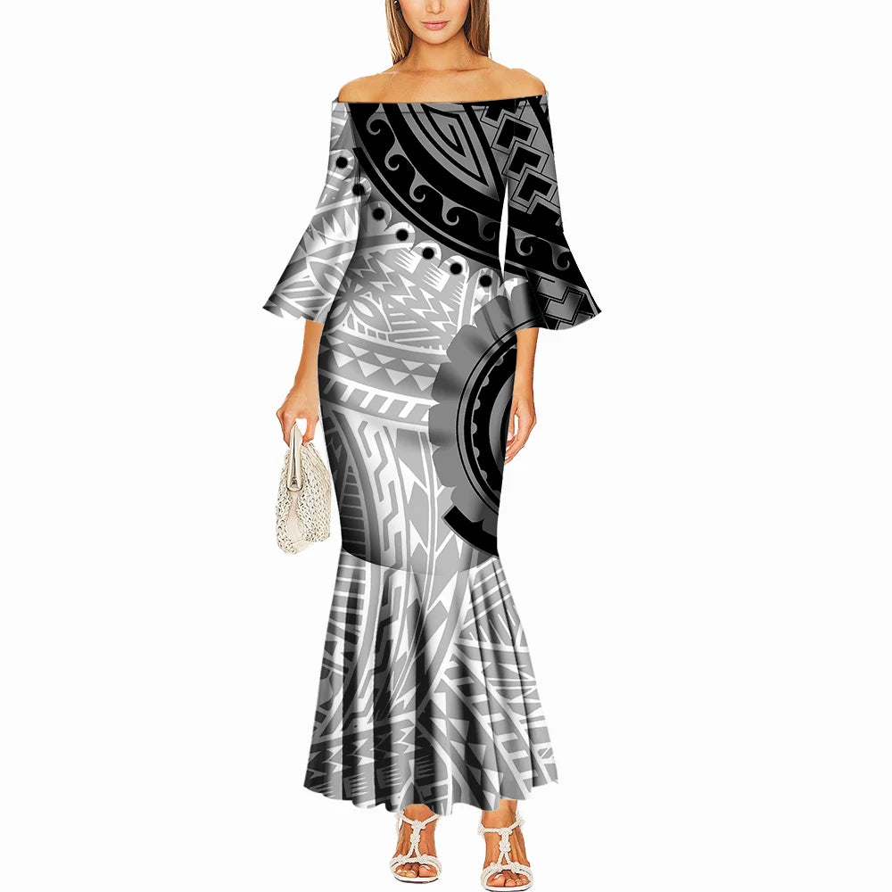 Summer One-Shoulder Puletasi Dress Custom-Made Samoan Islands Print Polynesian Tribal Women'S Tight Fishtail Dress