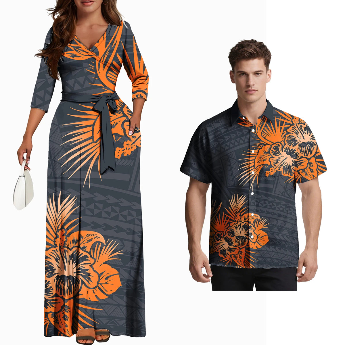 Fashion Couple Outfits Hawaiian Men Pocket Shirts Samoan Women V-Neck Flowers Laceup Long Dress Polynesian Couple of Set Custom