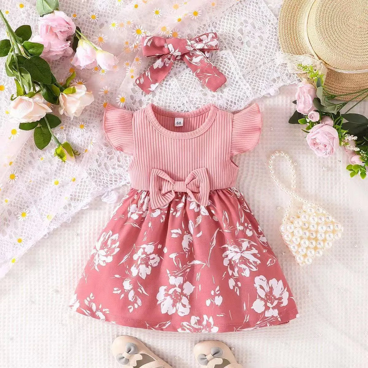 2026 Fashion Baby Girl Summer solid color breathable, wear-resistant and washable knitted top with flower print pattern dress
