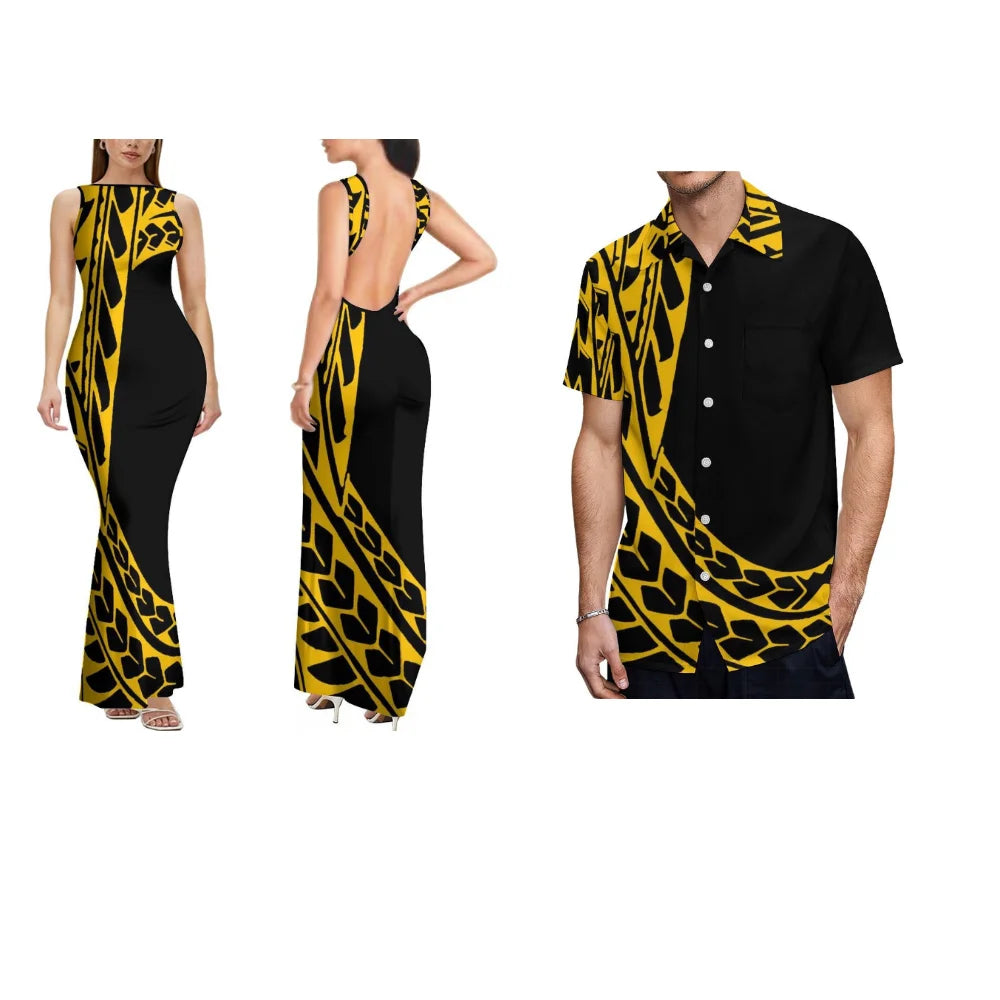 Polynesian Custom-Made Women'S Dress With Floral Design Backless Sleeveless Long Sexy And Slimming Couple Outfits Men'S Shirt