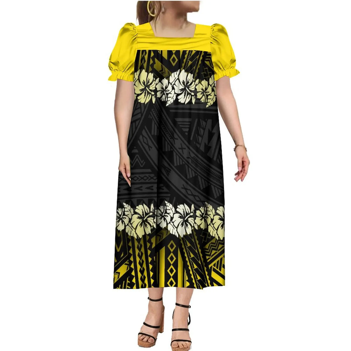 2024 Summer Micronesia Tribe Mumu Fashion Ladies Puffy Sleeve Dress Polynesian Party Mumu Ladies Fluffy Maxi Dress