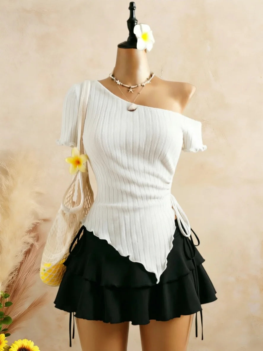 Ribbed Cami & Ruffle Mini Skirt Set