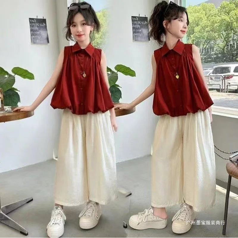2026 summer Girls clothes children set Kids sleeveless blouse shirt top camisole + bottom wide leg pant 4 8 10 14 15 years teens