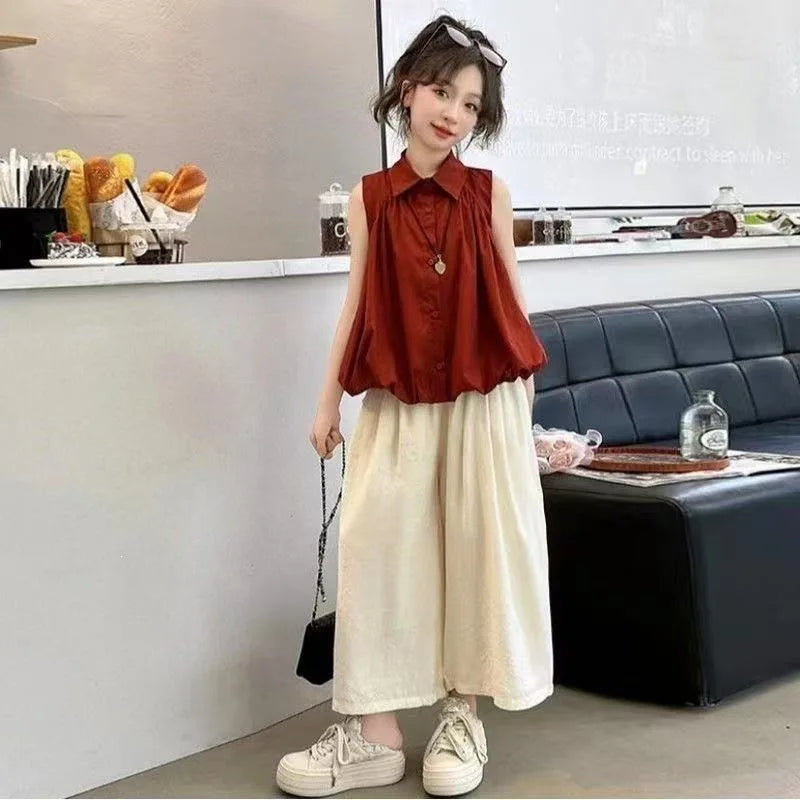 2026 summer Girls clothes children set Kids sleeveless blouse shirt top camisole + bottom wide leg pant 4 8 10 14 15 years teens