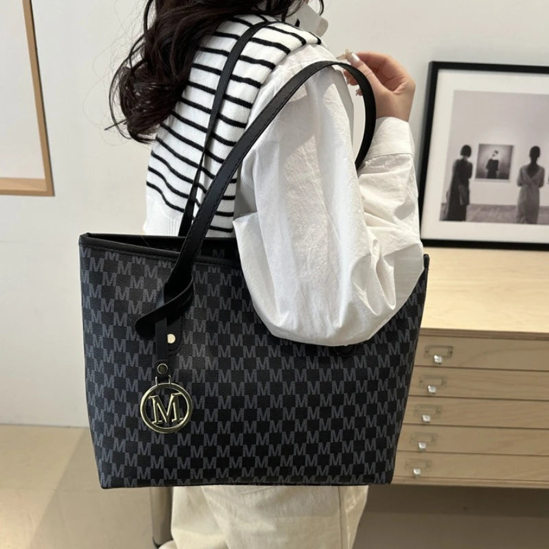 Elegant Monogram Tote Bag with Detachable Gold M Charm Faux Leather Handles Large Capacity Work Commuter Travel Shoulder Purse