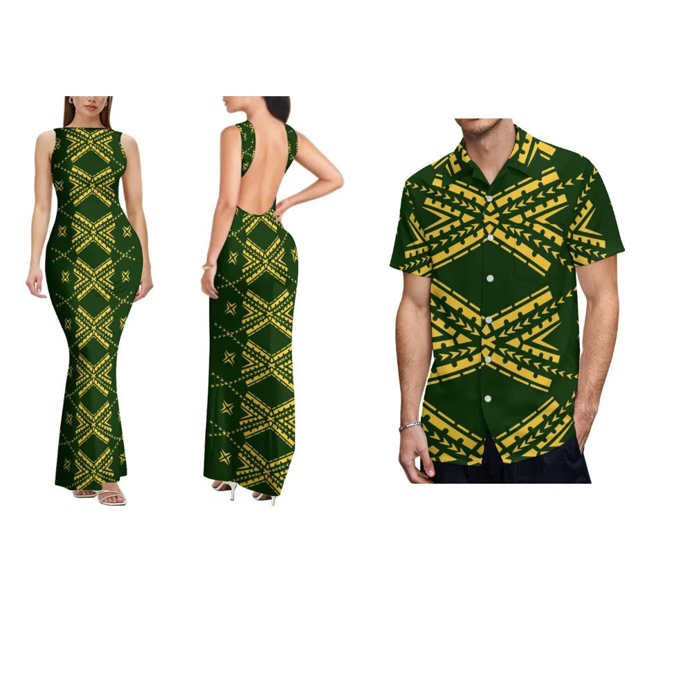 Polynesian Custom-Made Women'S Dress With Floral Design Backless Sleeveless Long Sexy And Slimming Couple Outfits Men'S Shirt