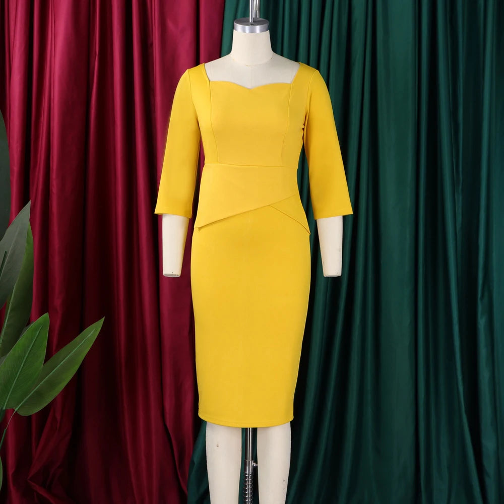 Church Dresses for Women 2025 Elegant Ladies Office Wear Casual Dress Long Sleeve Knee Length Solid Bodycon Peplum Pencil Dress