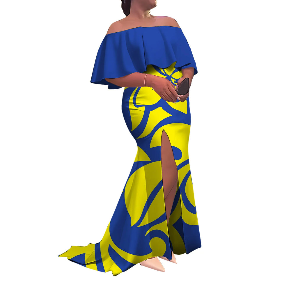 Women'S Dress Half-Printed One-Shoulder Slit Long Floor-Length Slimming Fishtail Dress Polynesian Evening Dress Custom-Made