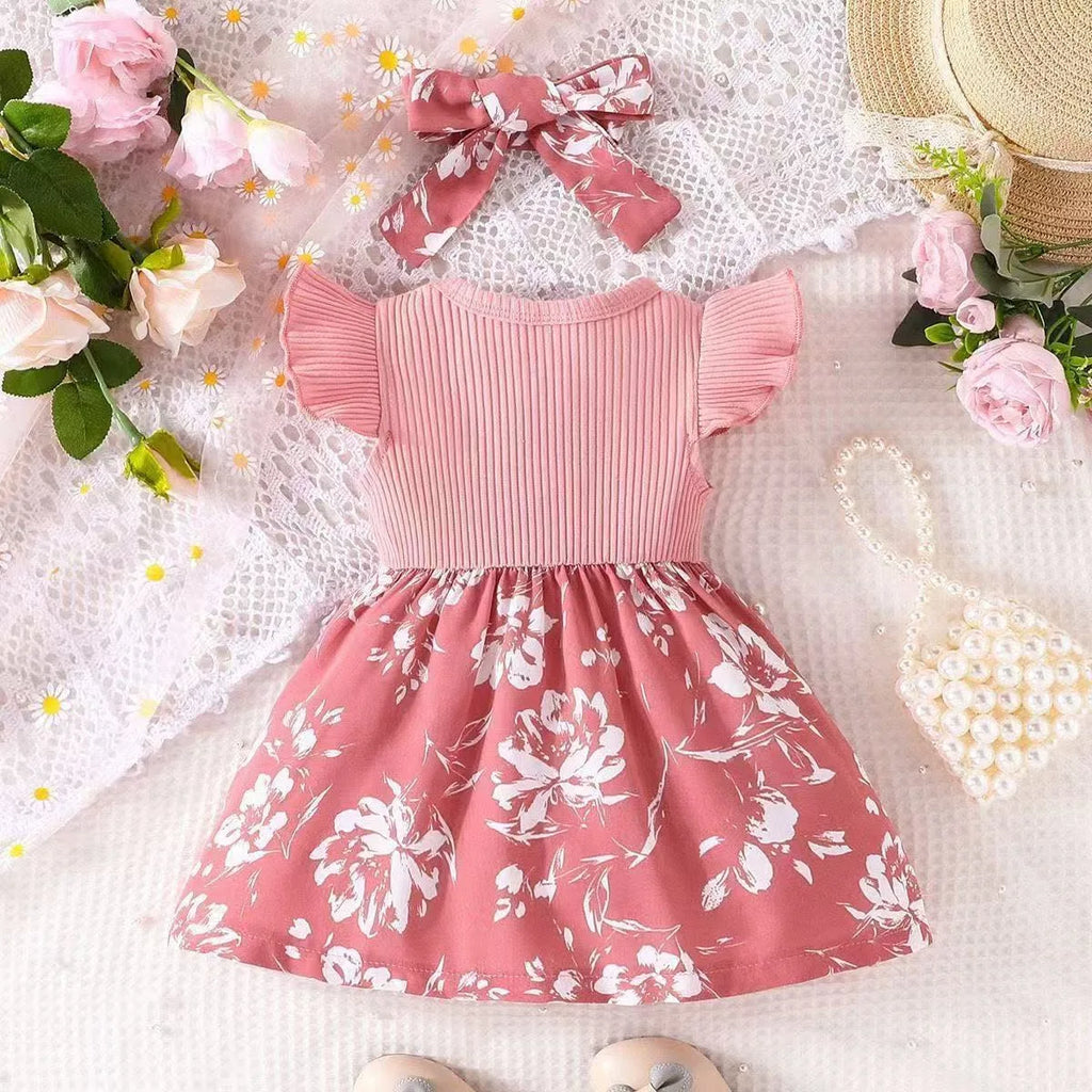 2026 Fashion Baby Girl Summer solid color breathable, wear-resistant and washable knitted top with flower print pattern dress