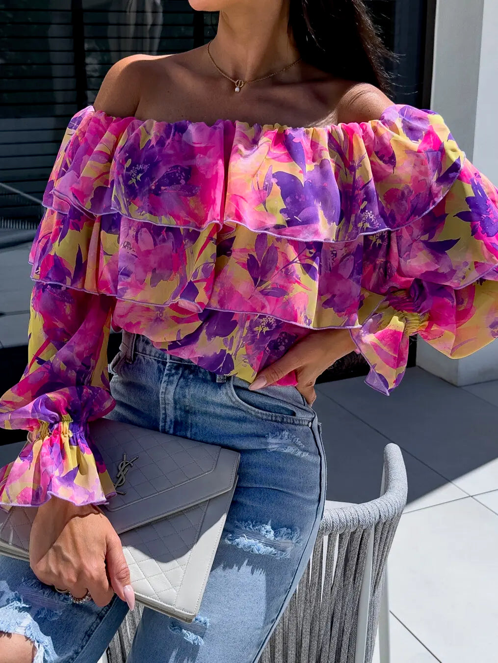 Floral Off-Shoulder Ruffle Chiffon Blouse
