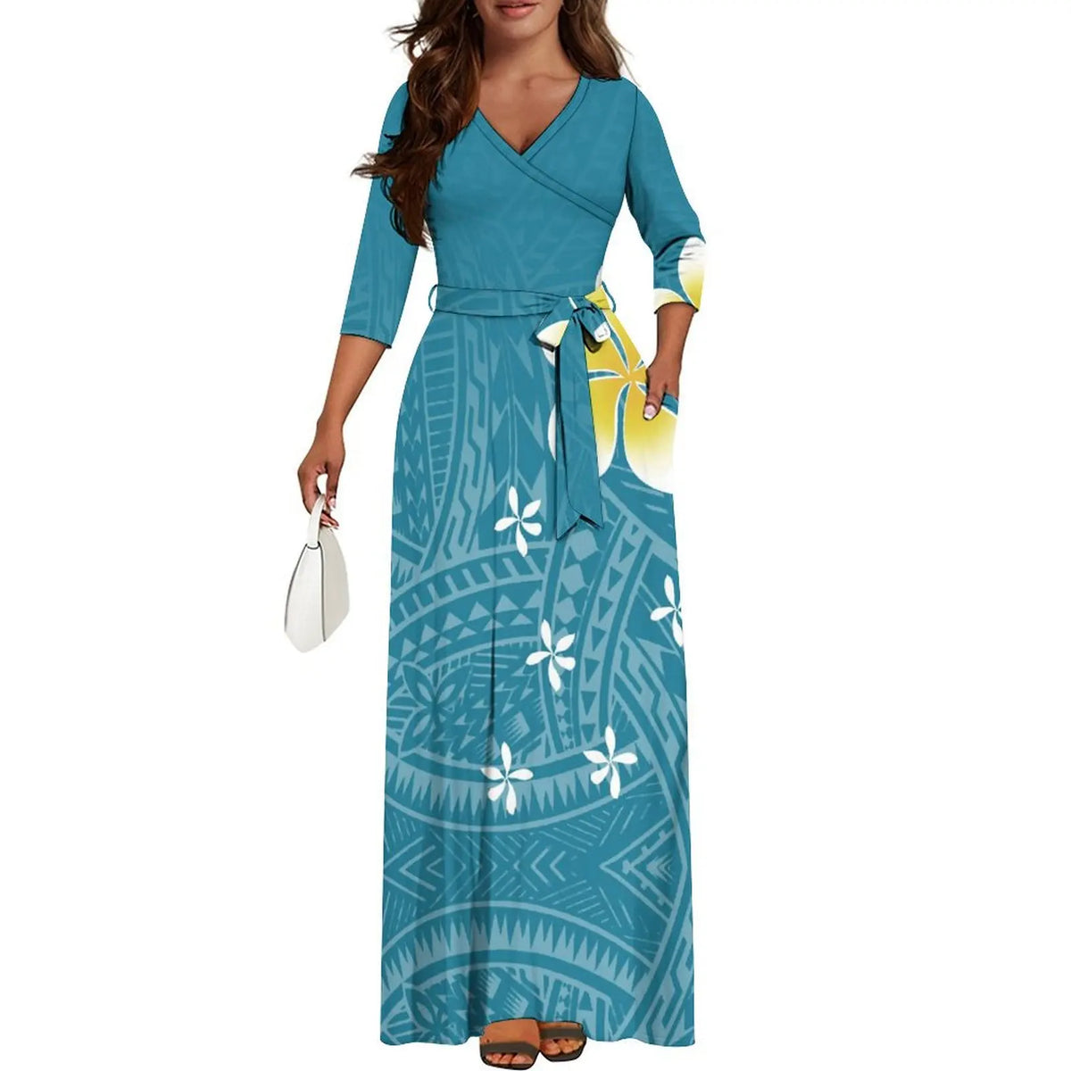 Quality Fabric Vintage Print Custom Mid-Sleeve Long Skirt Dress Polynesian Ladies Summer Fashion V-Neck Waist Binding Dress