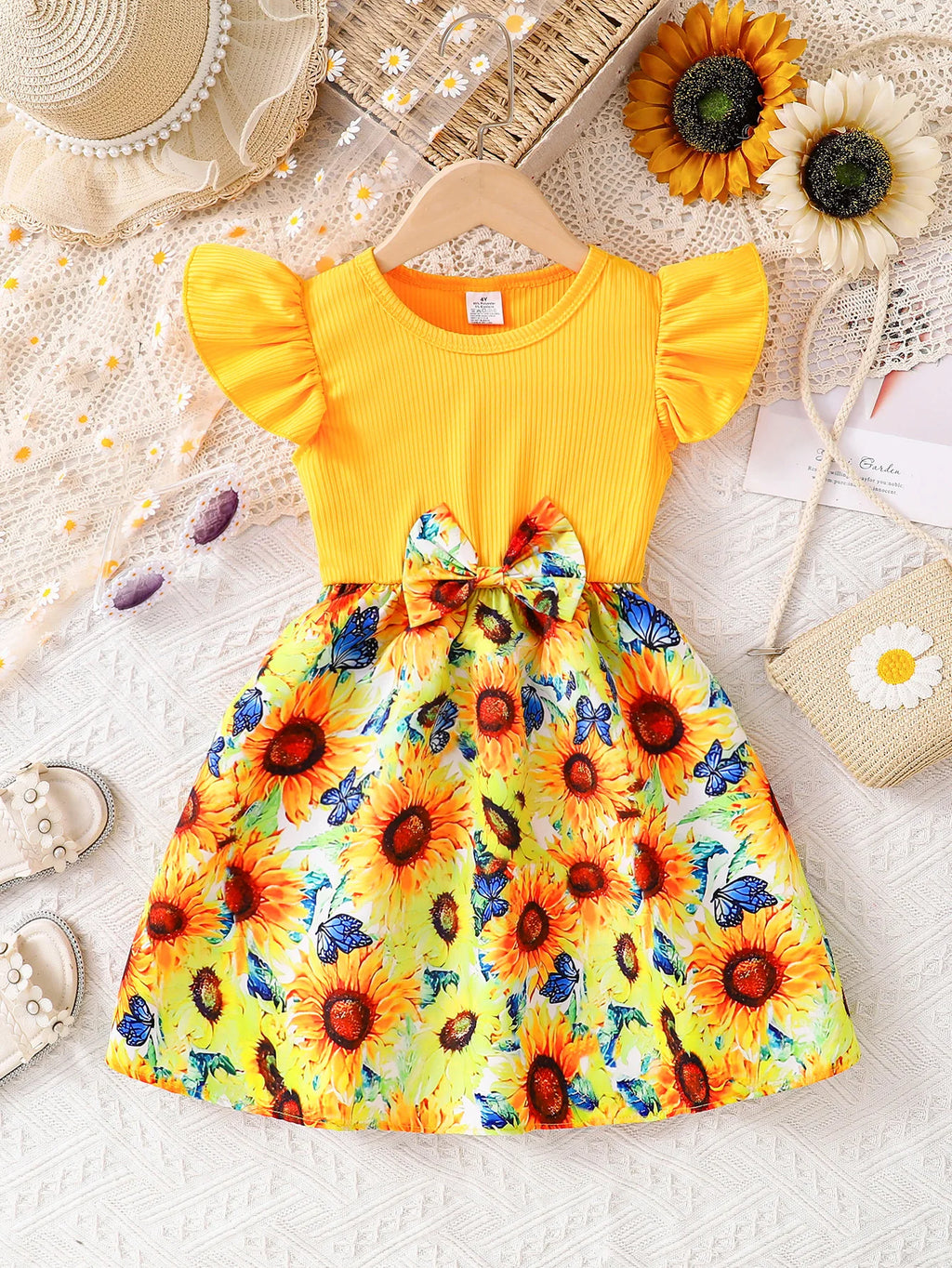 Yellow Sunflower Lively and Cute Little Girl Casual Dress Summer Thin Style, Toddler Girl Flutter Sleeve Round Neck Bow Tie Waist Dress Summer Breathable Children's Outing Holiday Party Gift Vacation Fashion Sweet Lady Style