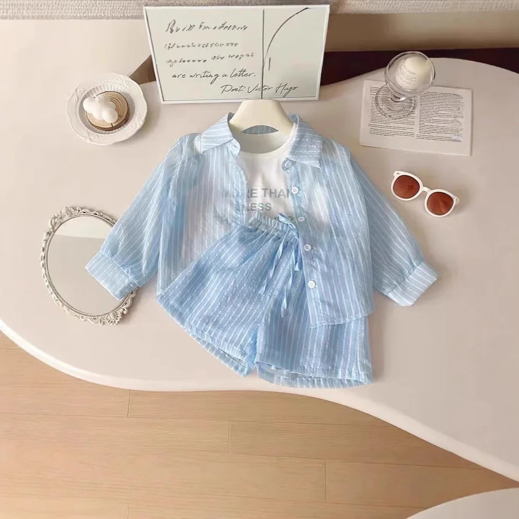 3Pcs Girls Clothing Sets Summer Cool Blouse Shirt+shorts+T-shirt Children Clothes Suits New Kids Outfits Set 2-7Yrs