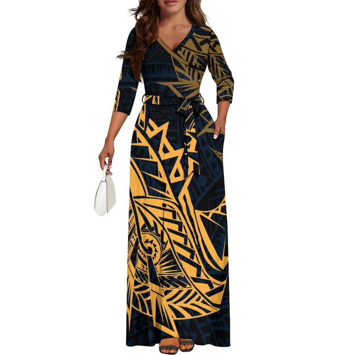 Quality Fabric Vintage Print Custom Mid-Sleeve Long Skirt Dress Polynesian Ladies Summer Fashion V-Neck Waist Binding Dress