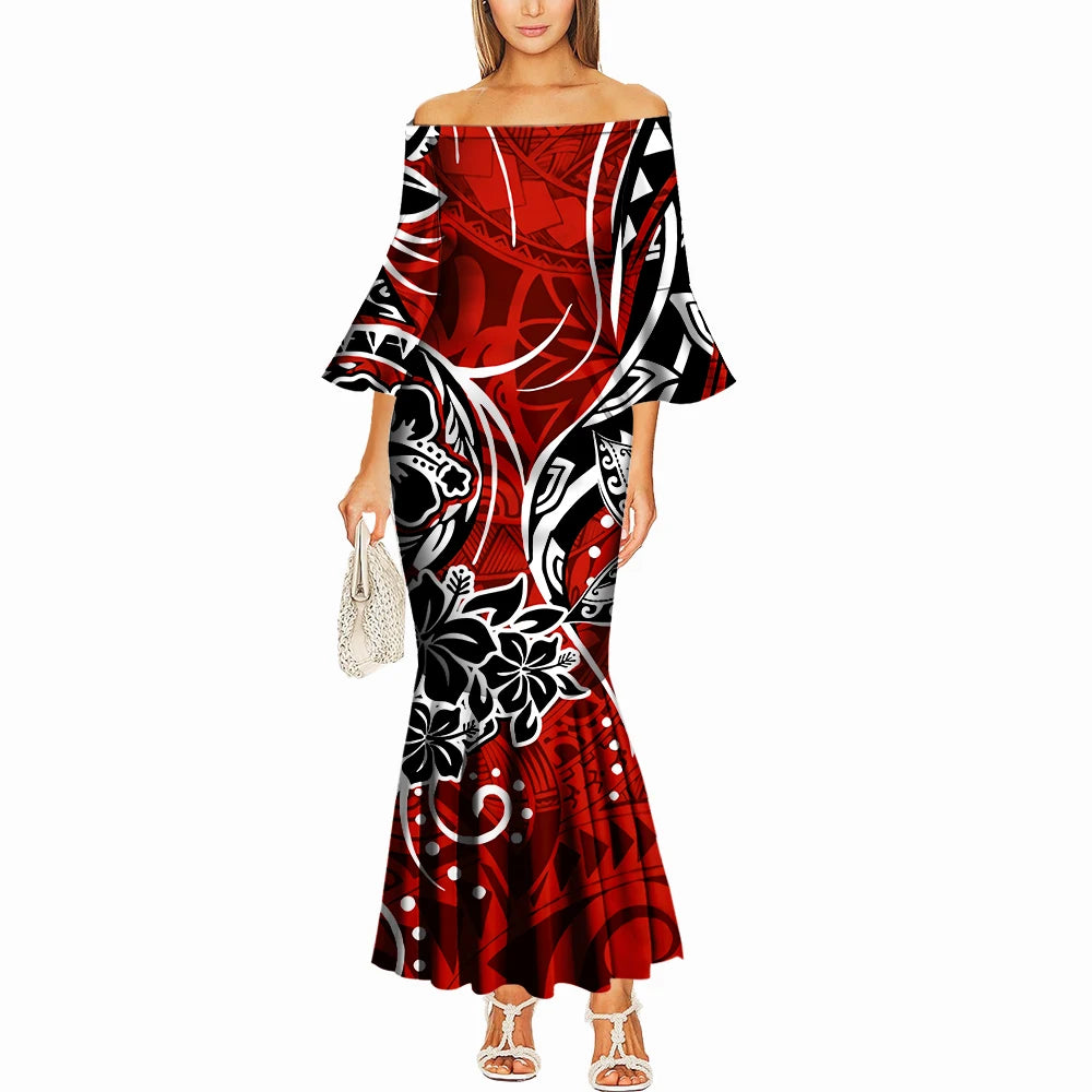 Summer One-Shoulder Puletasi Dress Custom-Made Samoan Islands Print Polynesian Tribal Women'S Tight Fishtail Dress