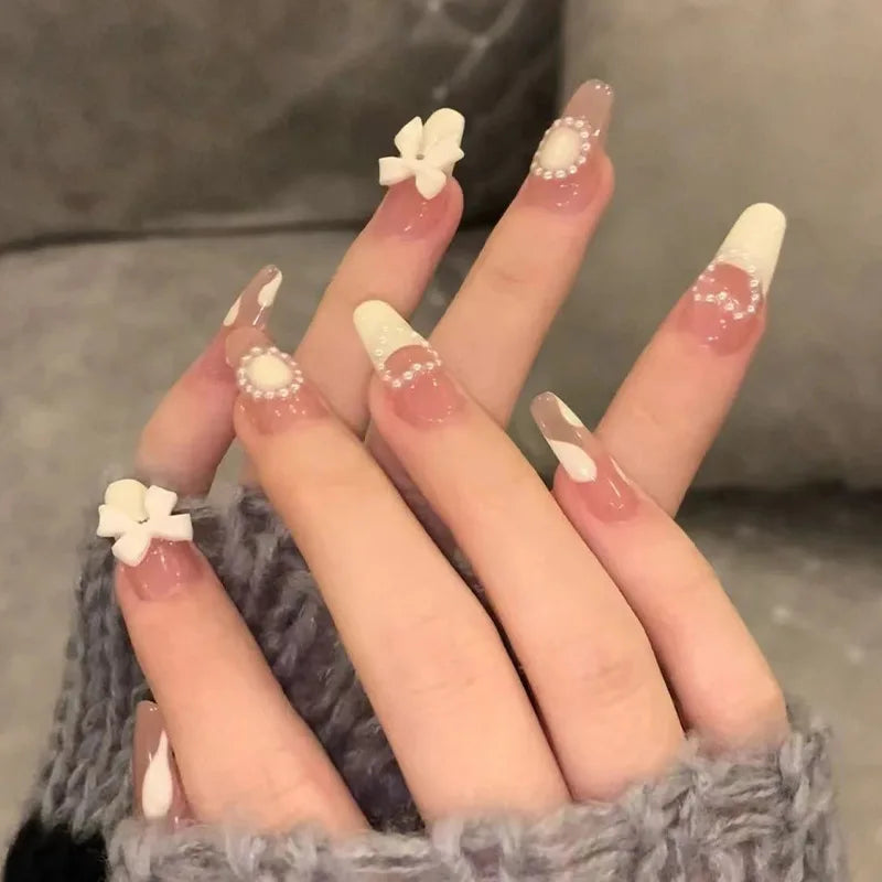 24Pcs Love Heart Butterfly Coffin Fake Nails Art French Long Ballet Detachable Wearing Press on Nail Tips Full Cover False Nails