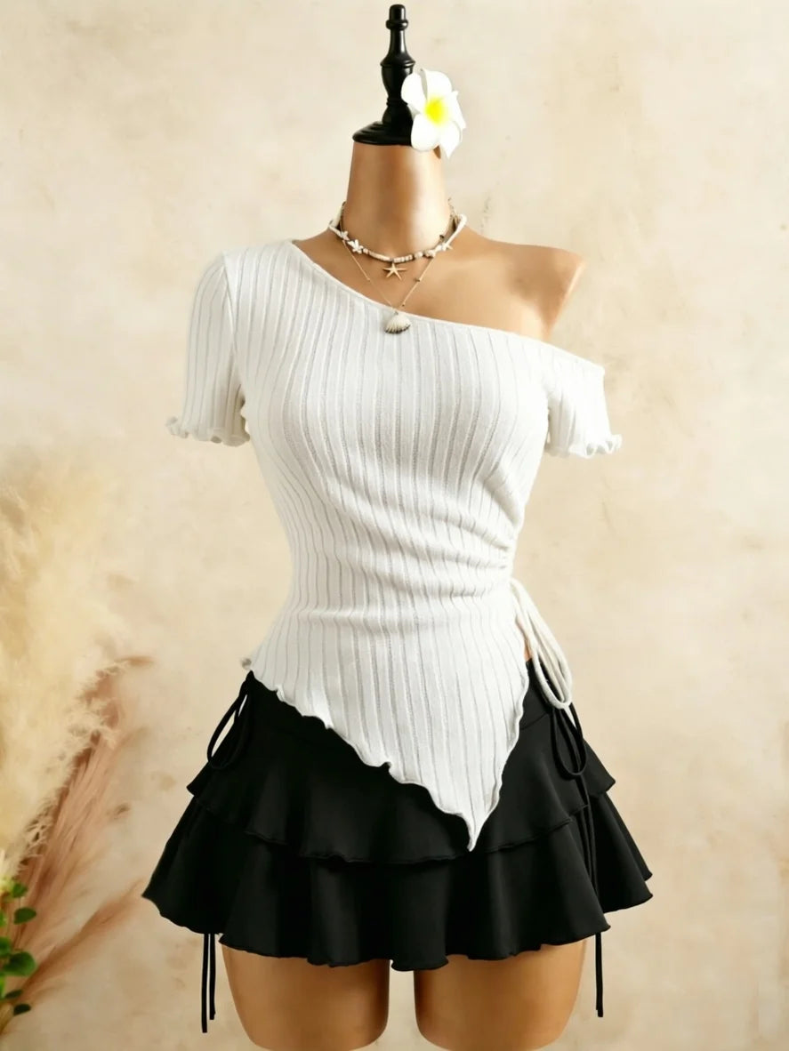 Ribbed Cami & Ruffle Mini Skirt Set