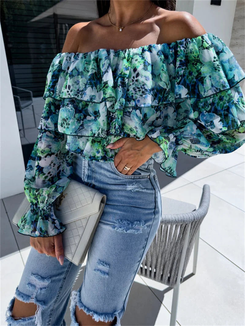 Floral Off-Shoulder Ruffle Chiffon Blouse