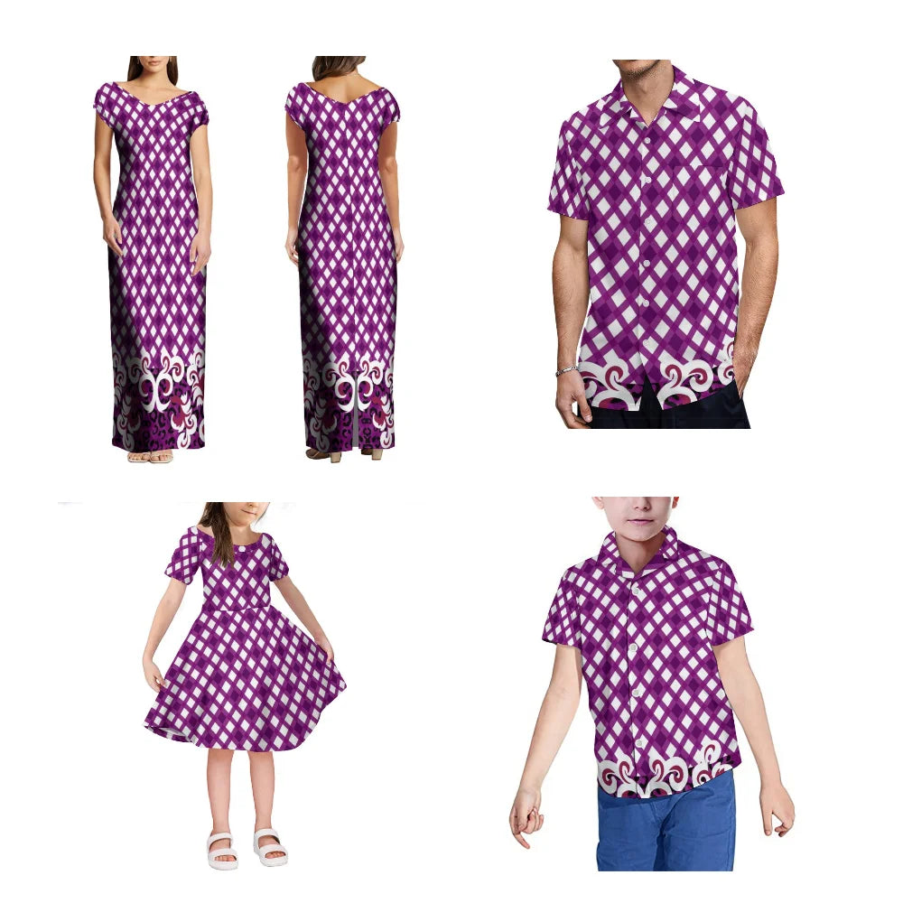 Hot Selling Family Set Summer Polynesian Print Custom Women'S Maxi Dress Tribal Ethnic Style V-Neck Design Maxi Dress