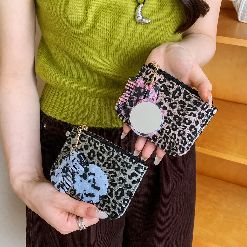 Mini Wallet Wear-Resistant Mirror Comb Charm Leopard Print Coin Purse Lightweight Small Card Holder For Hanging Out Shopping