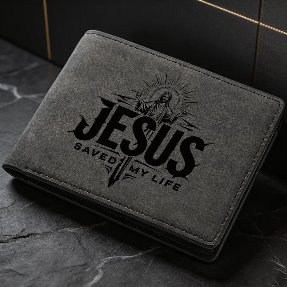 Men's Fashionable Short Wallet, with Personalized Design Featuring the Image of Jesus, and Multiple Card Slots.