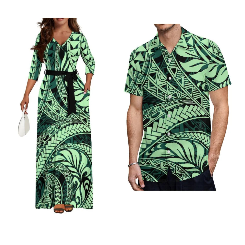 Samoa Hibiscus Flower Custom Women'S Dress Summer Autumn Long Sleeve V-Neck Temperament Dress Party Couple Dress Men'S Shirt
